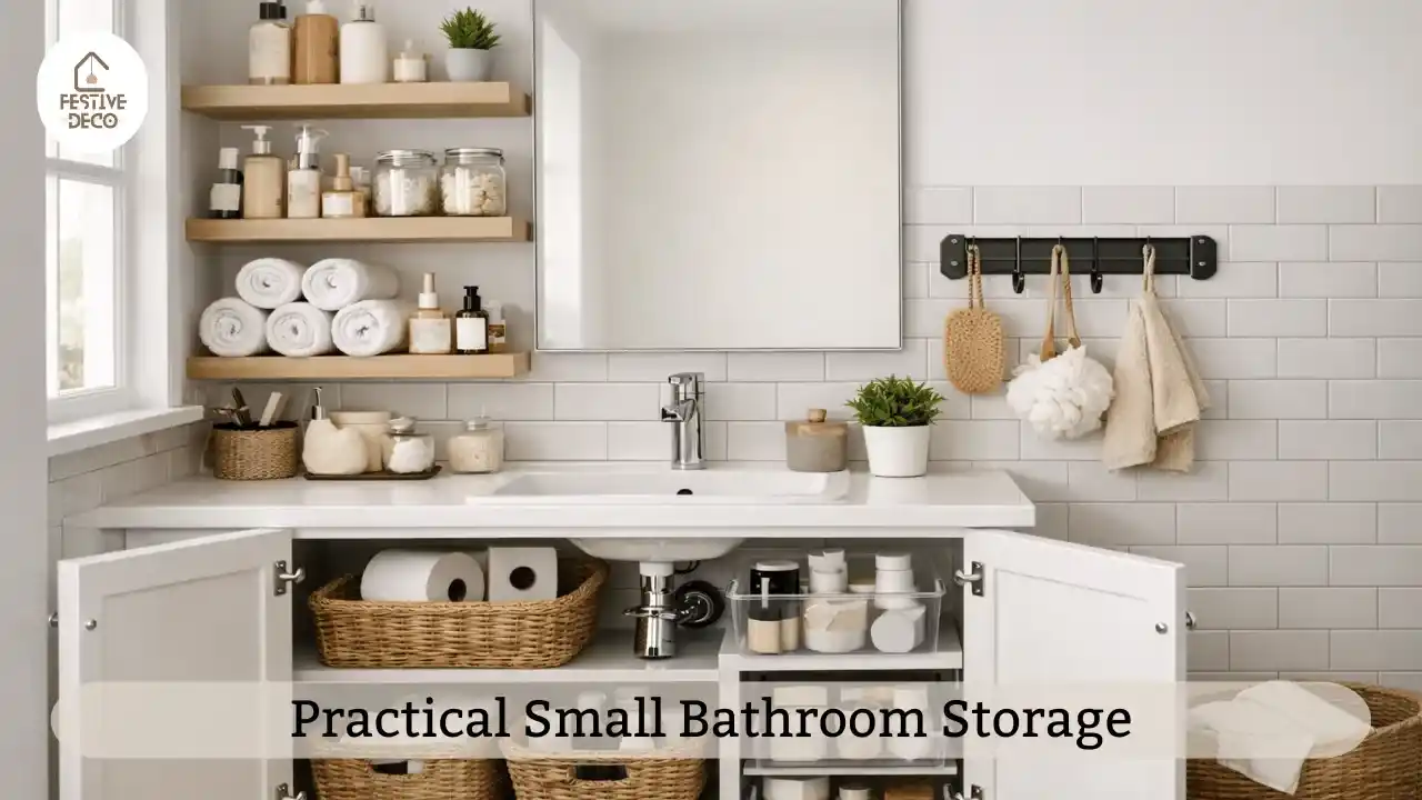 An organized small bathroom with shelves and baskets reflecting simple small bathroom storage ideas.