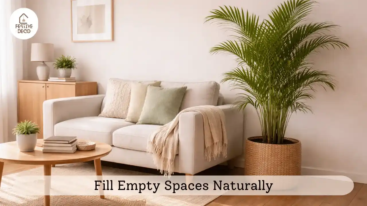 Areca palm used in living room decor to fill empty space and enhance modern home styling.