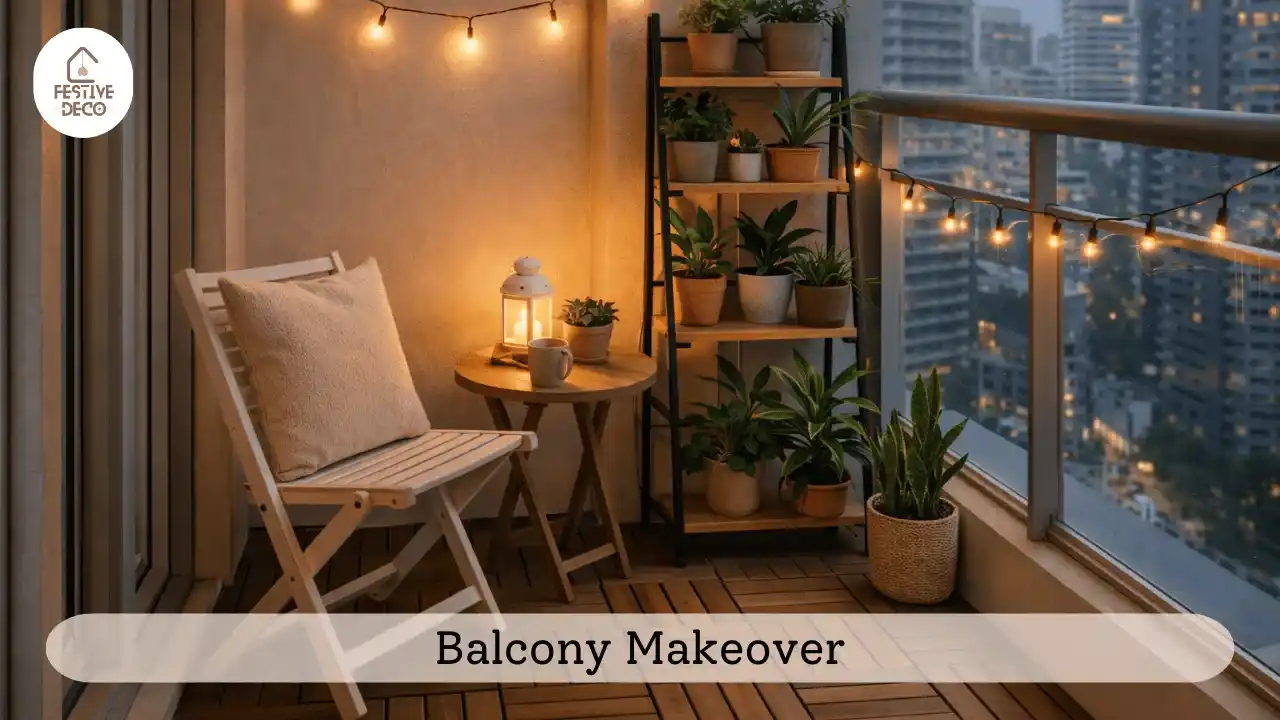 Balcony décor ideas for small apartments creating a cozy seating area with plants and soft lighting.
