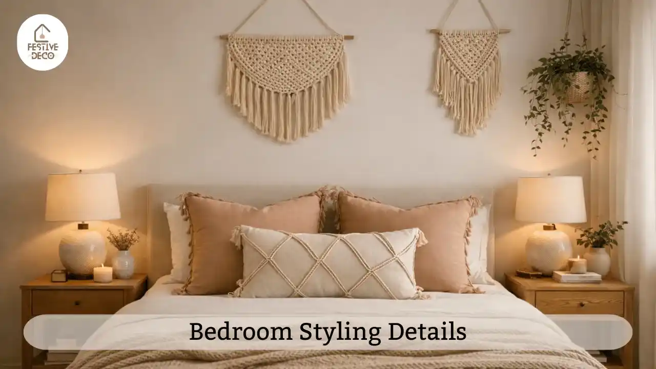 Bedroom decoration ideas using pillows, throws, and small decor accessories to create a cozy and personalized space.