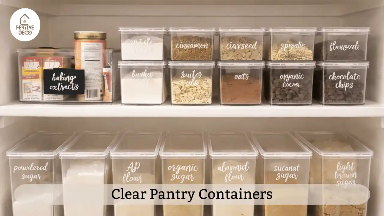 Clear storage containers on pantry shelves holding grains and pasta demonstrating practical pantry storage solutions.