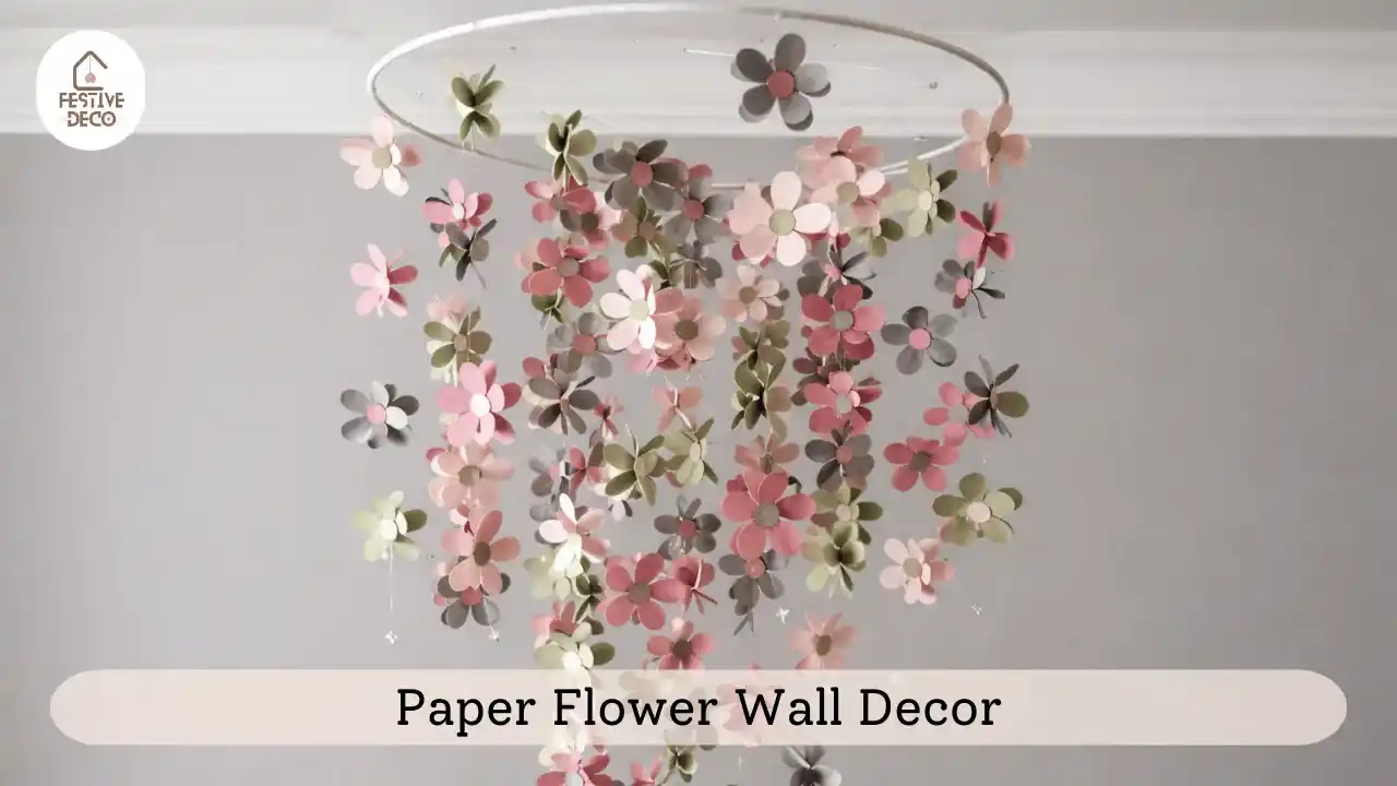 Colorful paper flower wall hanging craft used as DIY handmade wall decor for a creative home interior.