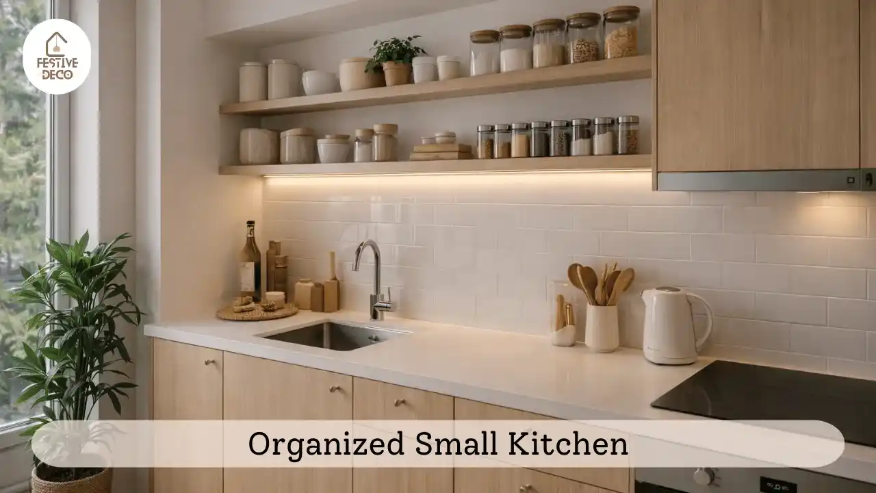 Compact apartment kitchen wall decoration with open shelves and matching containers for a neat look.