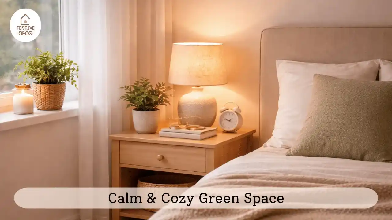 Cozy bedroom corner styled with small indoor plants for home decoration creating a calm and relaxing feel.