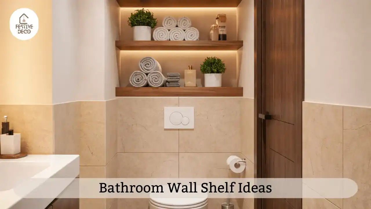 Decorative bathroom wall shelves displaying towels and containers as practical bathroom shelf ideas.