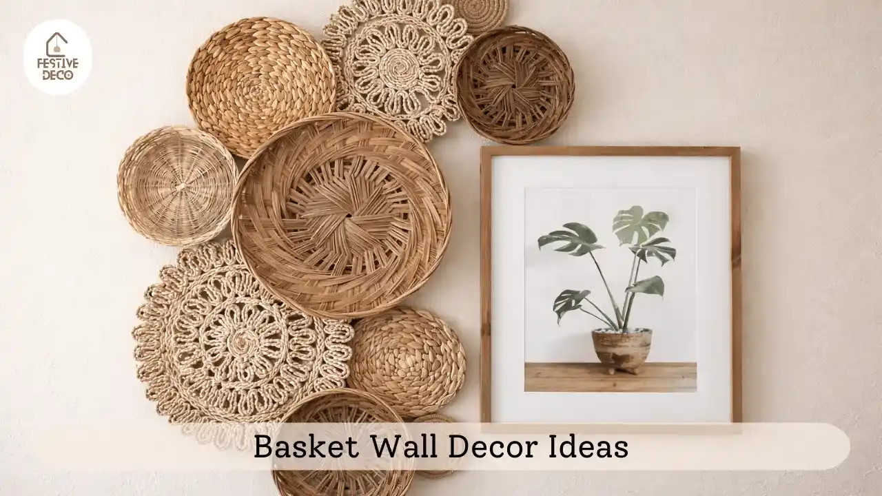 Decorative woven baskets arranged on a wall as a stylish DIY wall decor idea for boho home interiors.