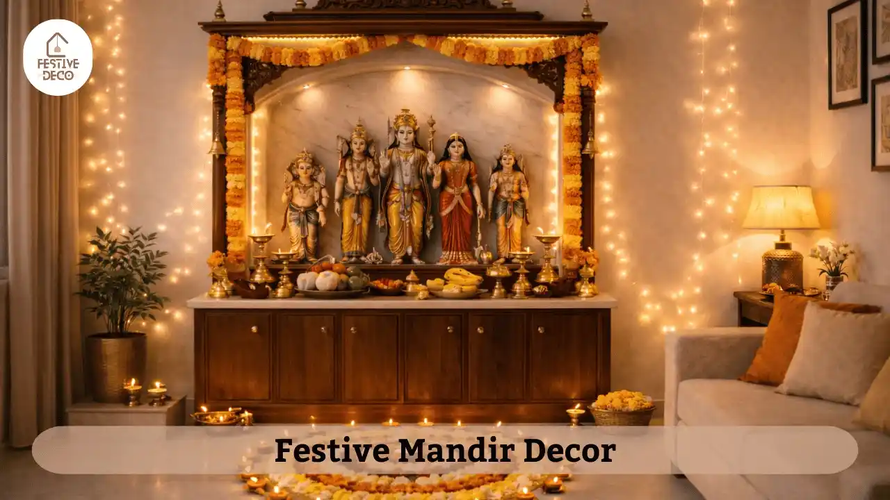 Festive decoration for pooja room with floral garlands and fairy lights in home temple.