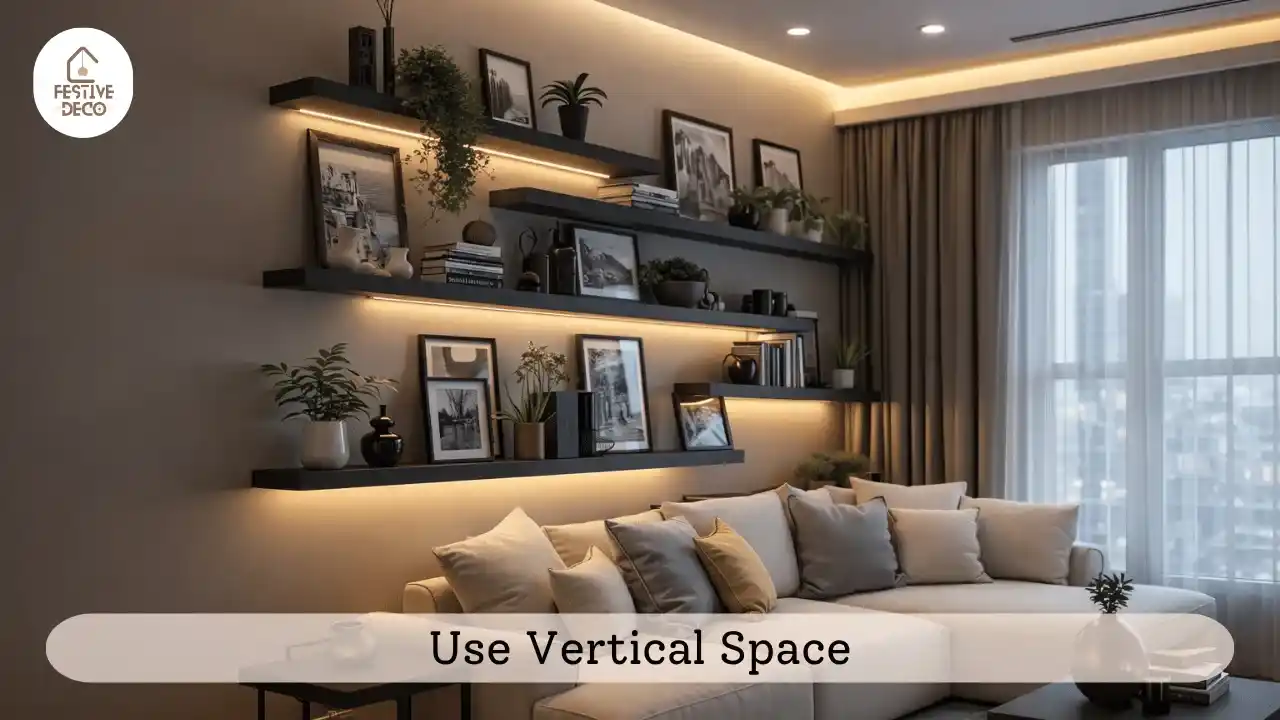 Floating shelves and wall decor demonstrating small room decorating ideas that use vertical space for storage and decoration.