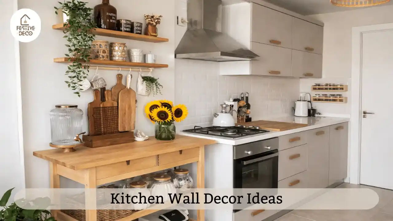 Floating shelves with dishes and plants showing practical kitchen wall decor ideas for stylish and functional kitchens.