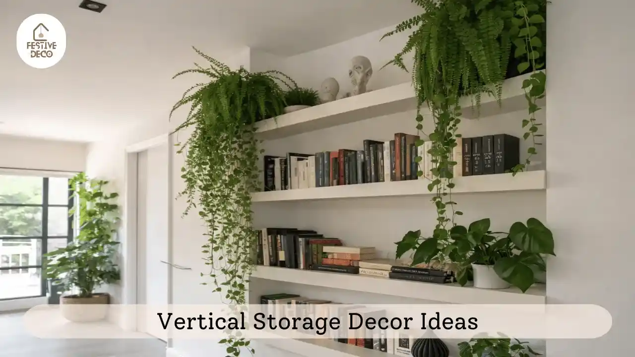 Floating wall shelves with plants and books showing creative vertical decorating ideas for small apartments.