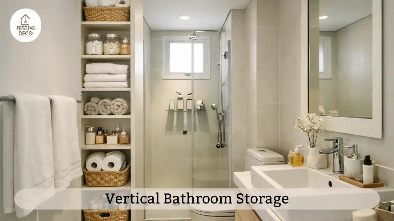 Floating wall shelves with towels and jars showing vertical bathroom storage ideas for compact spaces.