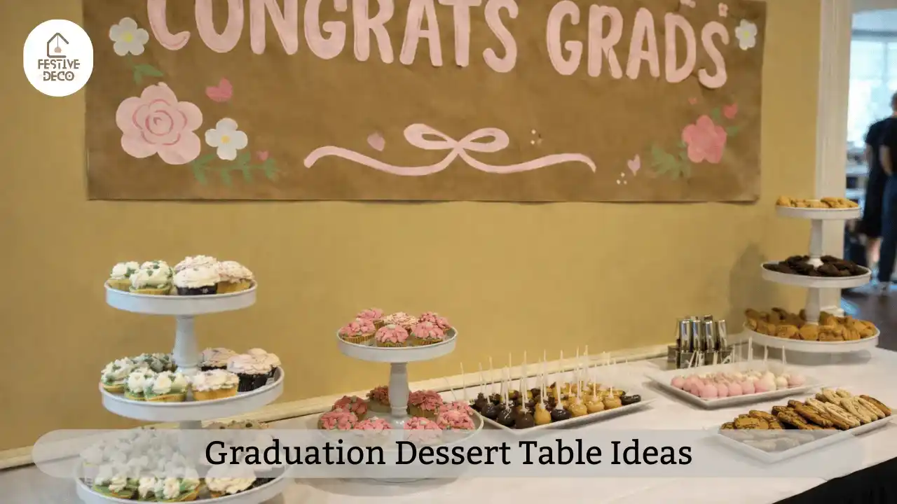 Graduation dessert table ideas with coordinated decor and neatly styled treats for a polished party look.