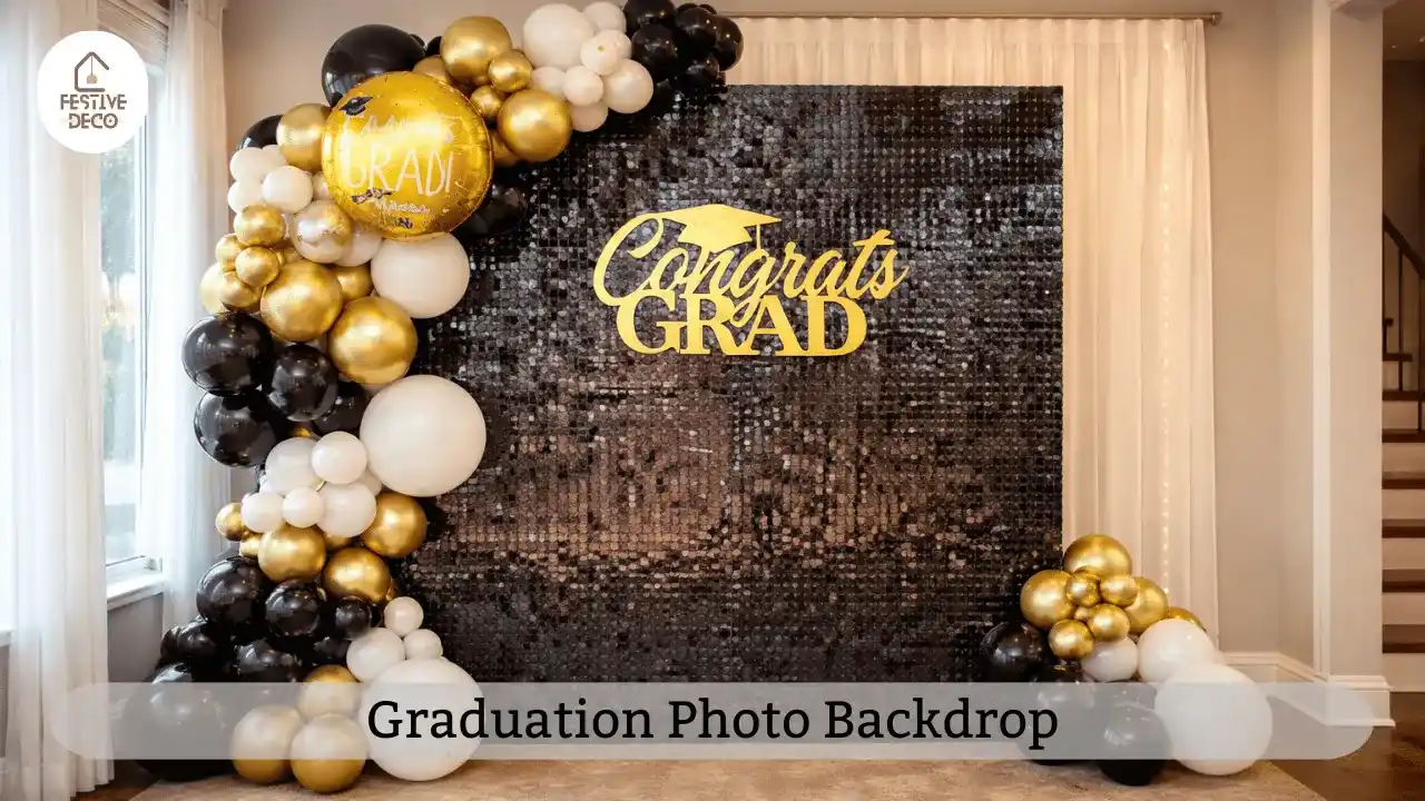 Graduation party backdrop with balloon arch and decorated photo booth area for capturing celebration memories.