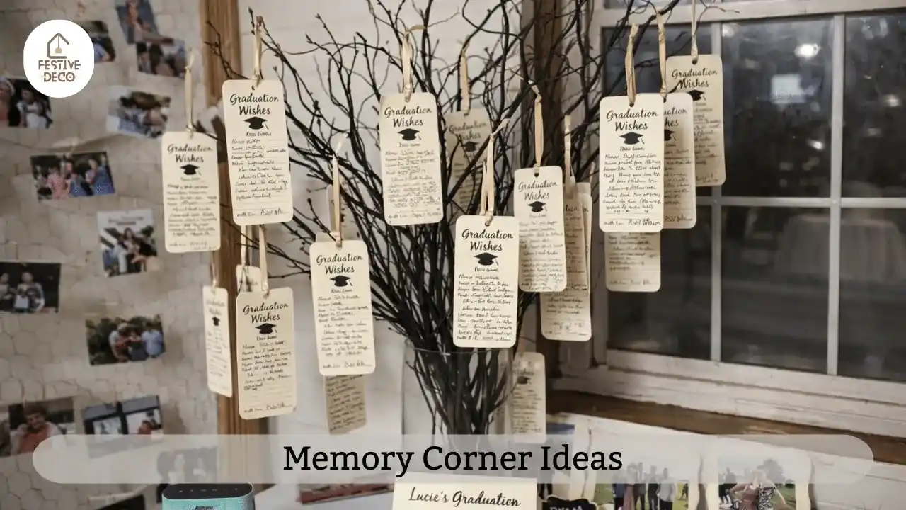 Graduation party memory corner at home with photo wall, graduation pictures, messages, and keepsake table for guests to share memories and celebrate the graduate.