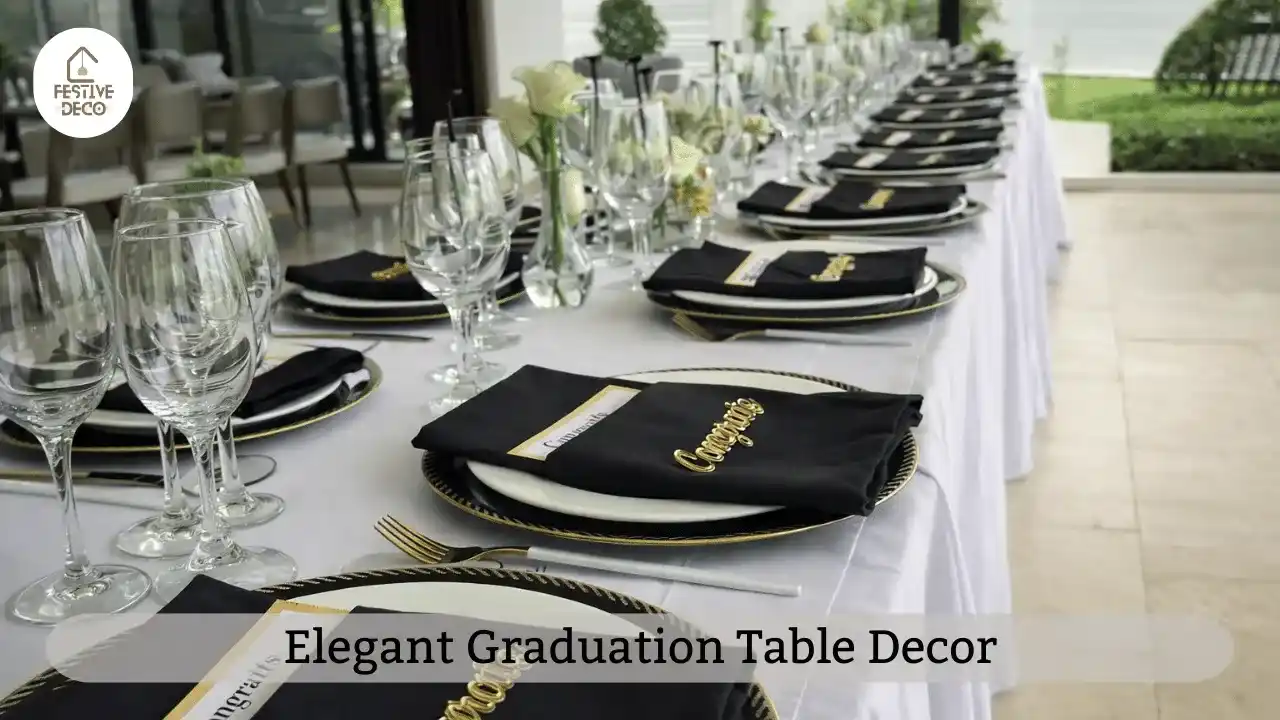 Graduation party table decorations styled with simple centerpieces and coordinated colors for a stylish celebration.