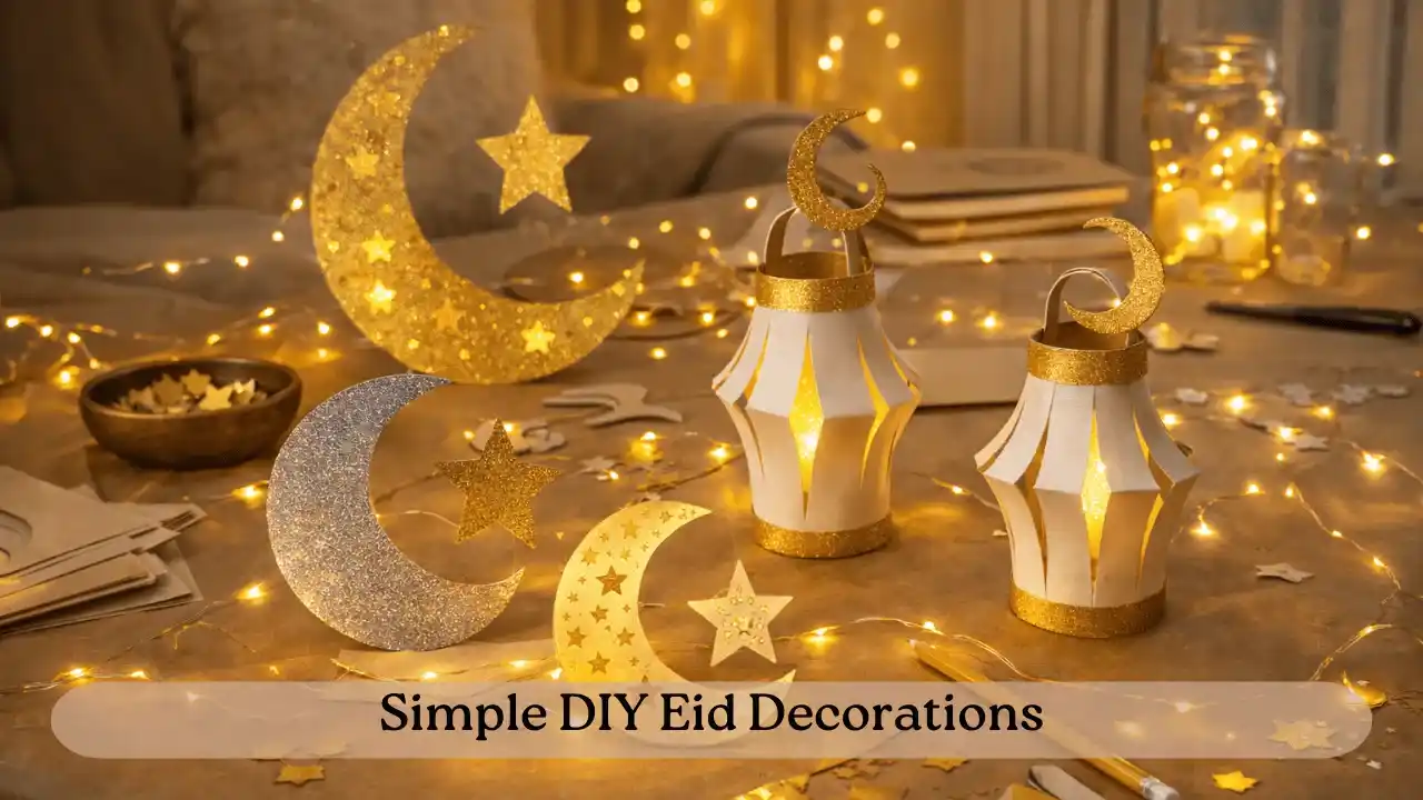 Handmade lanterns and crescent moon crafts showing easy DIY Eid decoration ideas that can be created at home.
