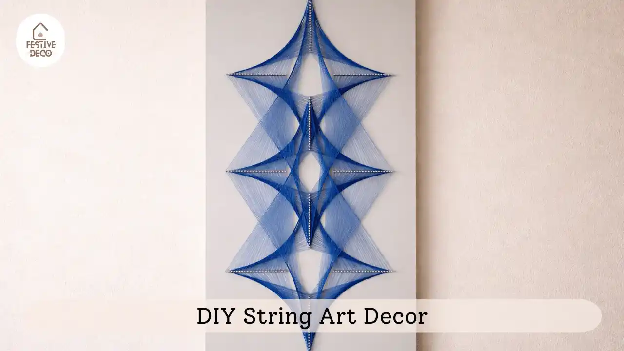 Handmade string art wall hanging created with colorful threads and nails on a wooden board.