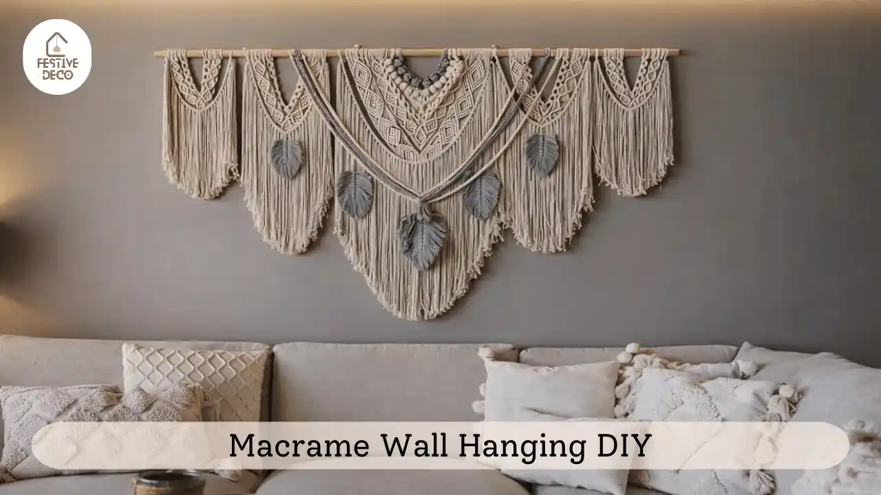 Hands crafting a macrame wall hanging using cotton rope and a wooden stick for handmade boho wall decor.
