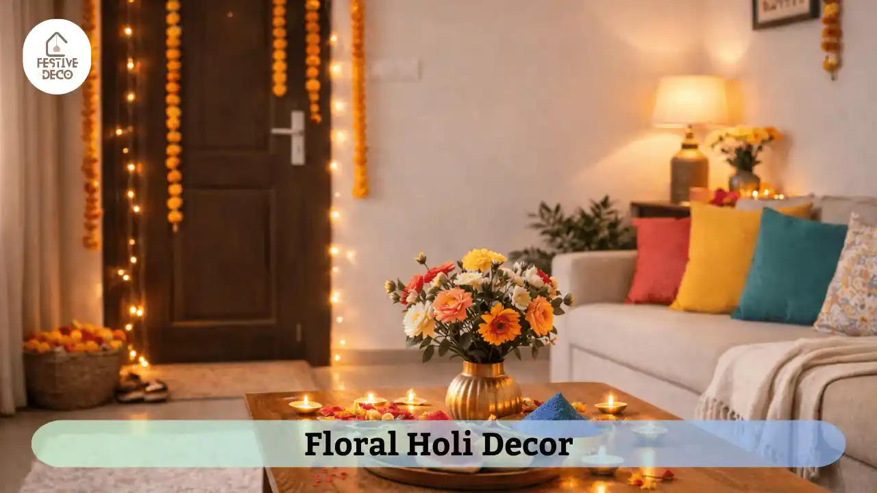 Holi home decoration ideas using marigold garlands and floral table arrangement.
