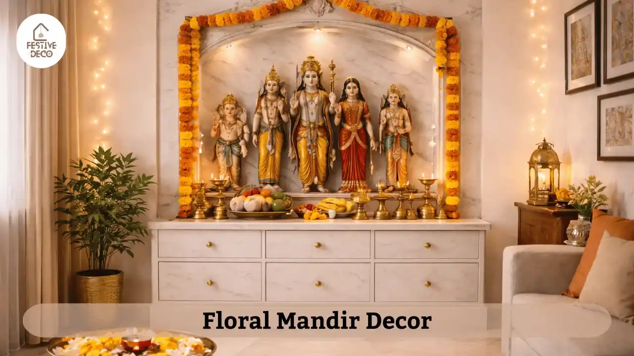 Home temple decoration using marigold garlands for a traditional pooja room setup.