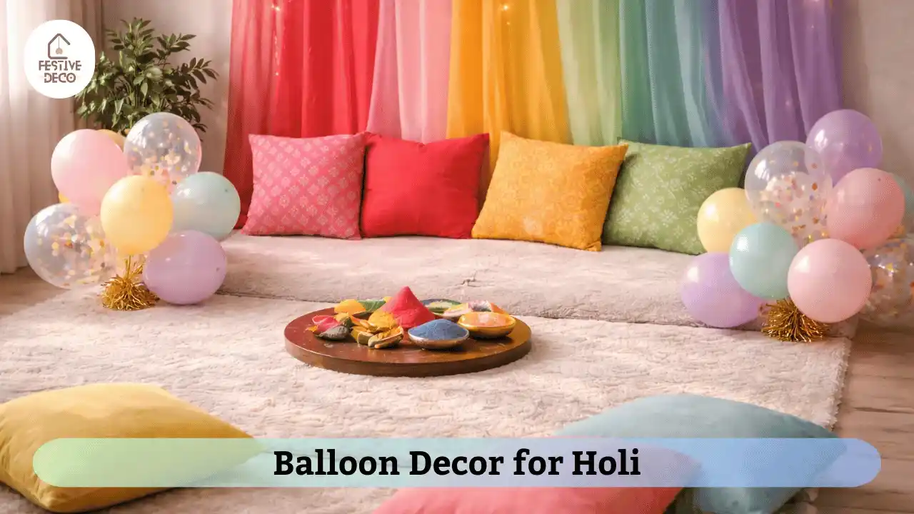 Indoor Holi party decoration using pastel and confetti balloon clusters near floor seating.