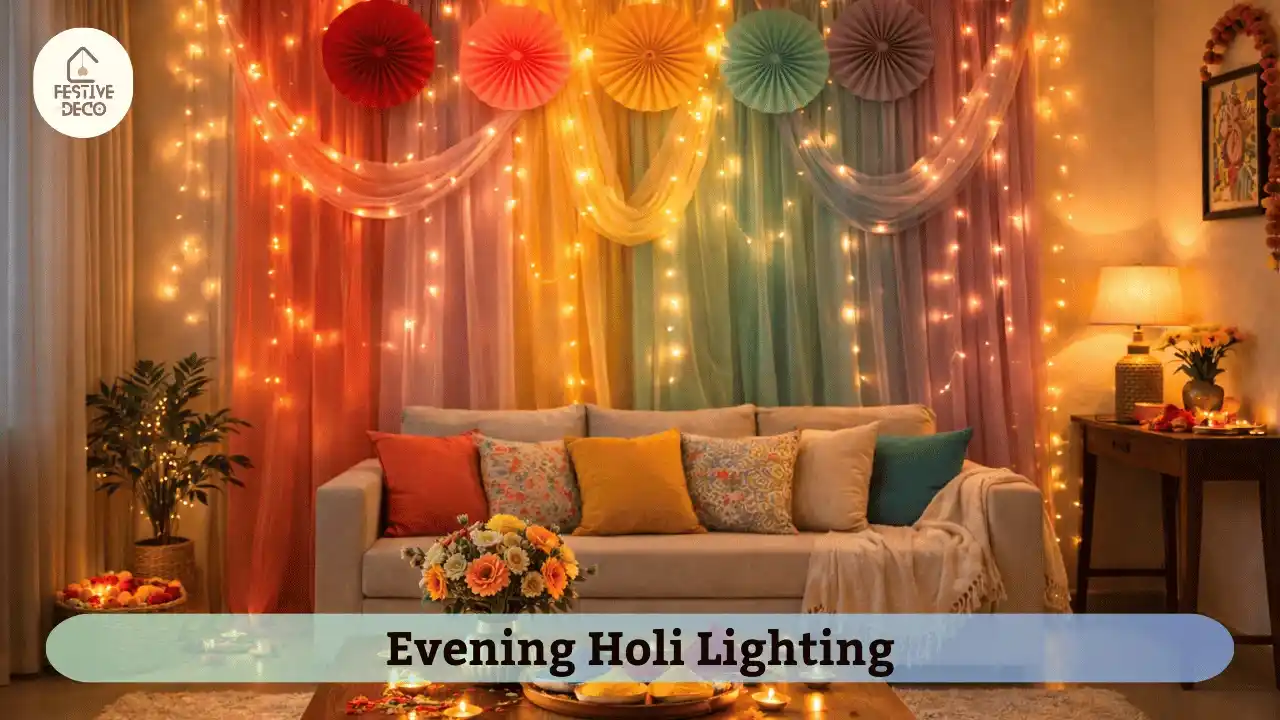 Indoor Holi party decoration with fairy lights creating a warm festive evening mood.