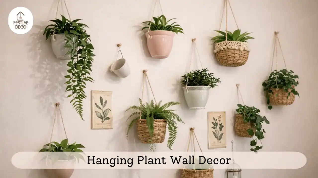 Indoor plants displayed using rope holders as a creative DIY hanging plant wall decor idea.