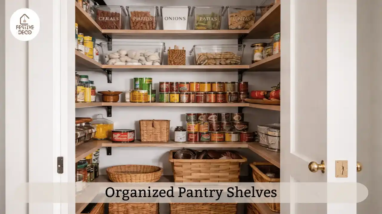 Kitchen pantry shelves organized by food categories reflecting simple pantry storage ideas for everyday cooking.