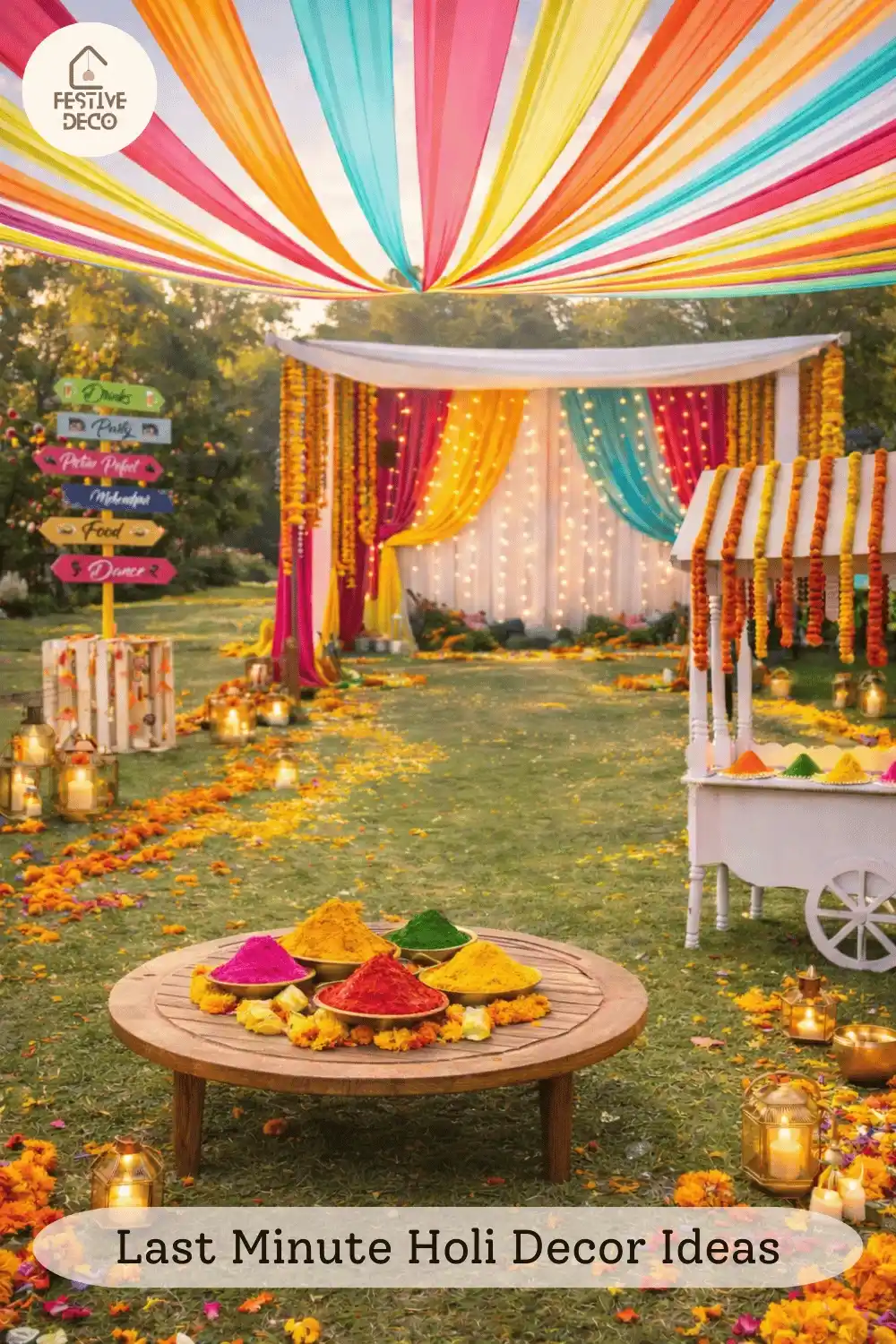 Last minute Holi decoration ideas at home with colorful balloons, festive backdrop and simple party setup in small apartment living room