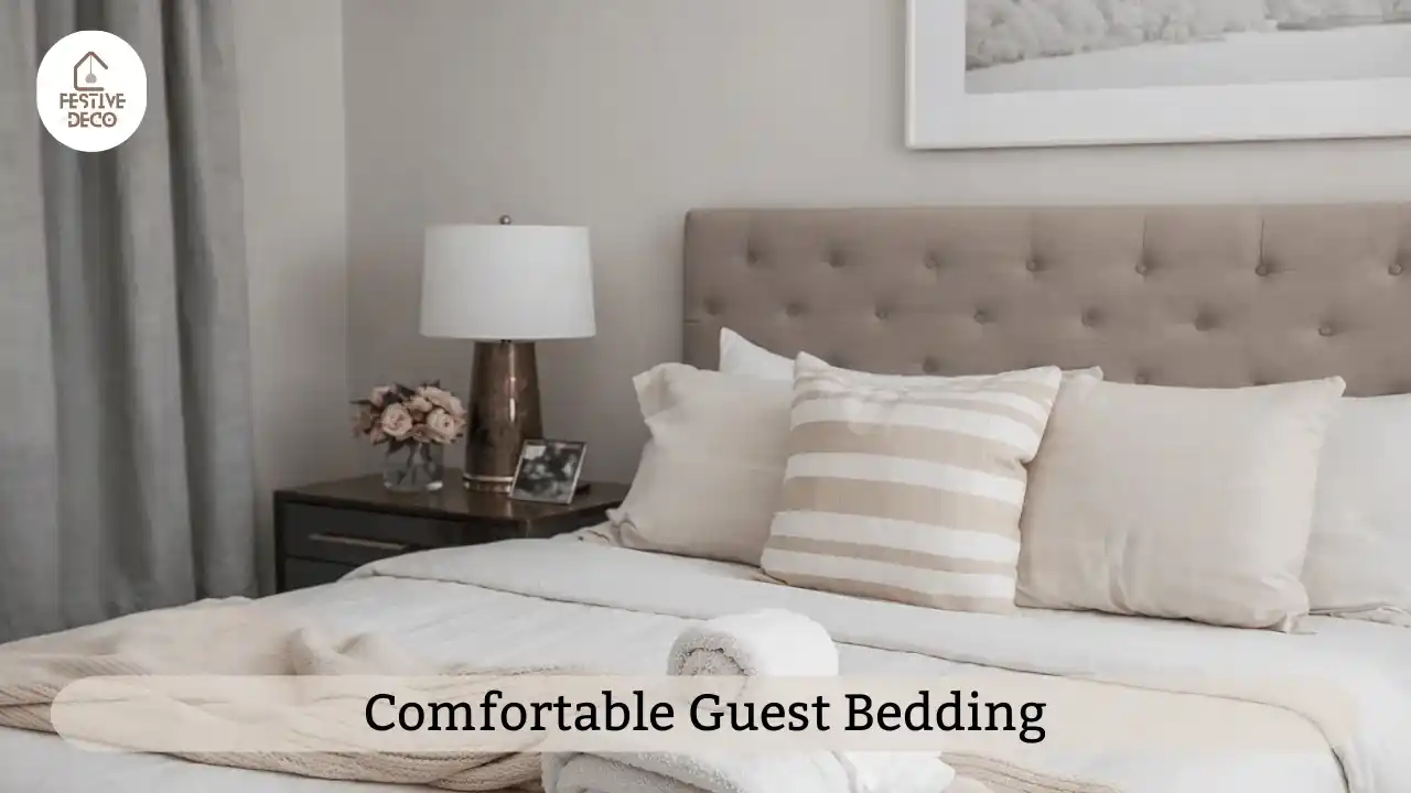 Layered bedding with pillows and blanket showing cozy guest bedroom decorating ideas.
