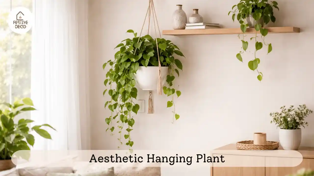 Money plant hanging from a shelf creating soft and aesthetic indoor plants for home decoration.