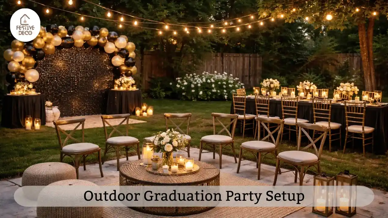 Outdoor graduation party decorations with string lights and cozy seating for a relaxed backyard celebration.