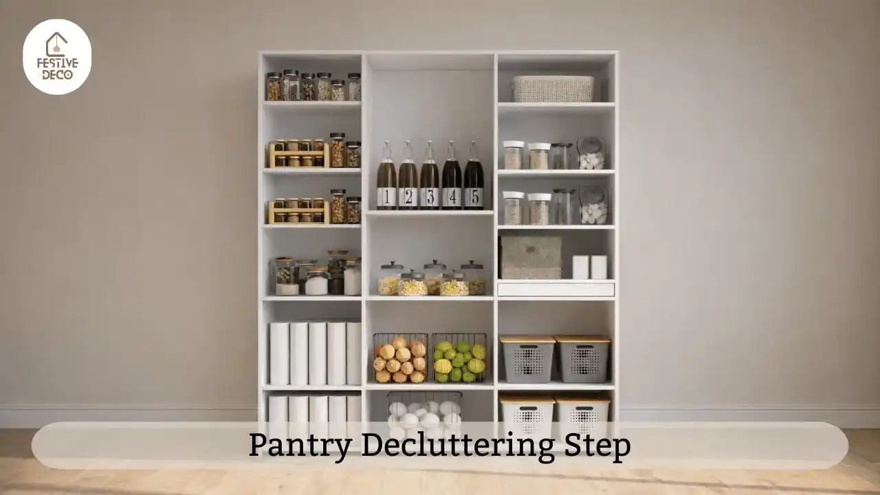 Pantry food items grouped on a kitchen counter showing an early step in pantry decluttering and organization.