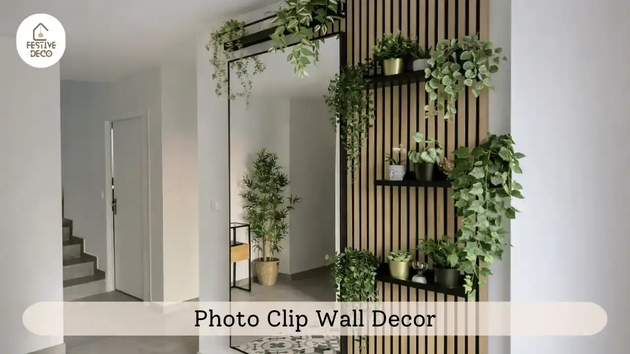 Photo clip wall hanging with warm lights and pictures creating a cozy handmade wall decoration.