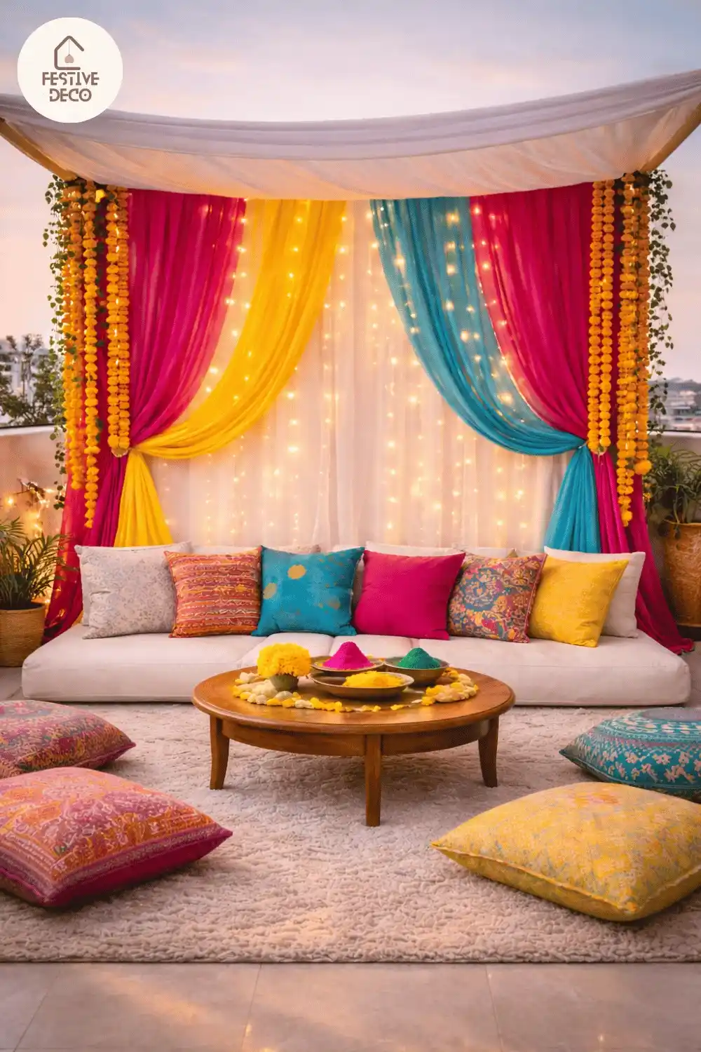 Colorful Holi backdrop decoration at home with bright fabric drapes and festive party photo booth setup in small apartment living room