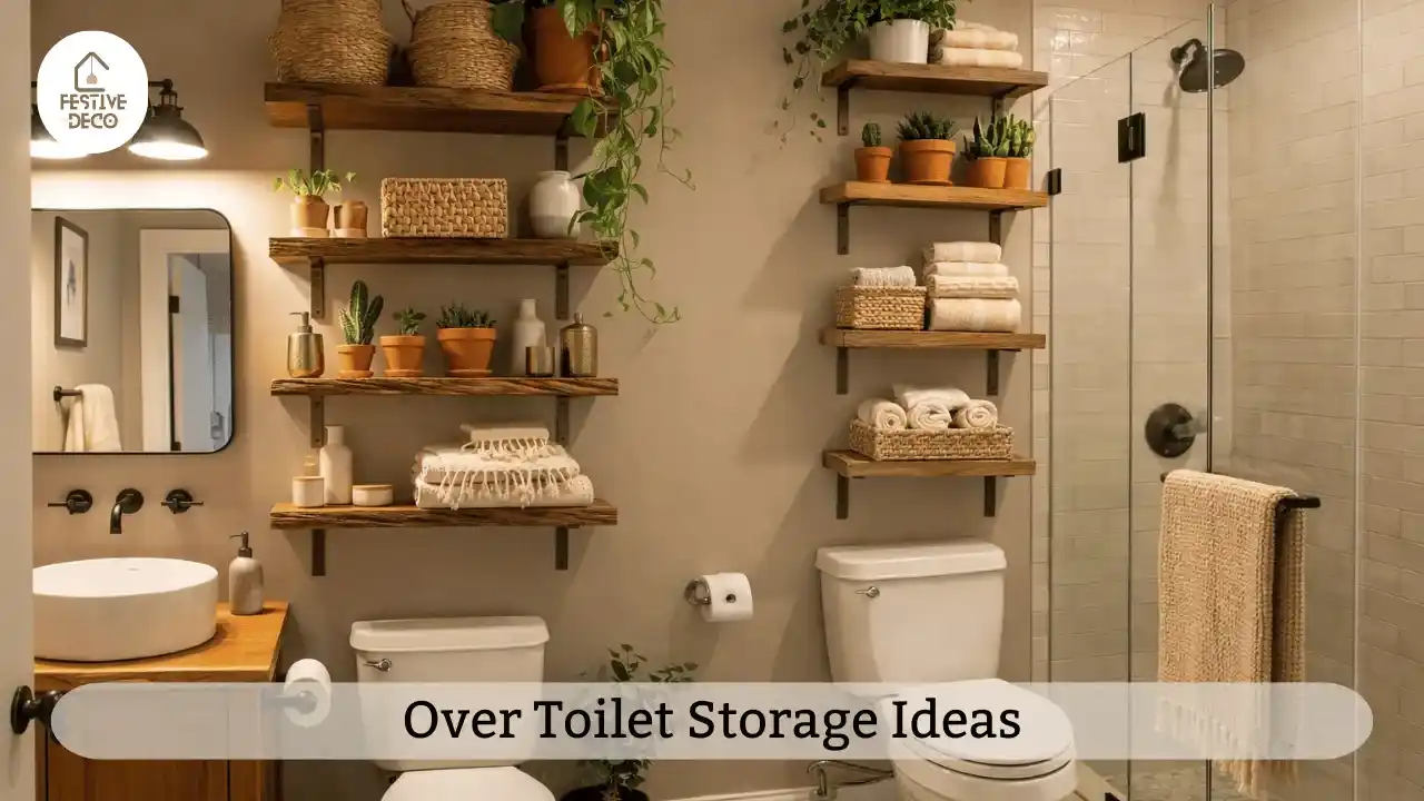 Shelves above a toilet holding towels and baskets demonstrating over the toilet storage ideas for small bathrooms.