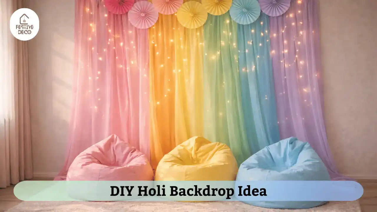 Simple Holi decoration ideas at home using colorful fabric backdrop and paper fans for festive wall decor.