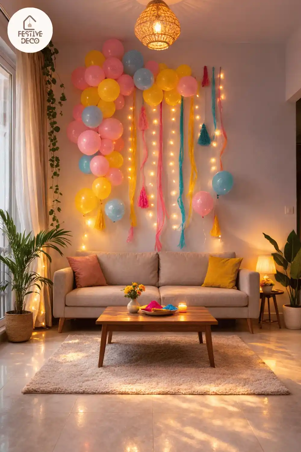 Holi balloon decoration ideas at home with colorful pastel balloons and festive party setup in small apartment living room