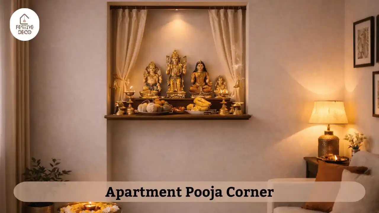 Small apartment pooja corner with wall mounted mandir and minimal decoration.