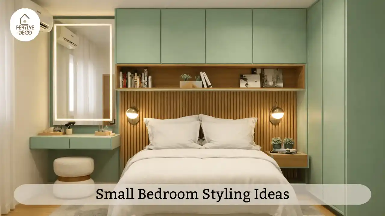 Small bedroom decoration ideas for apartments with light colors, compact furniture, and space-saving shelves creating a stylish and functional room.