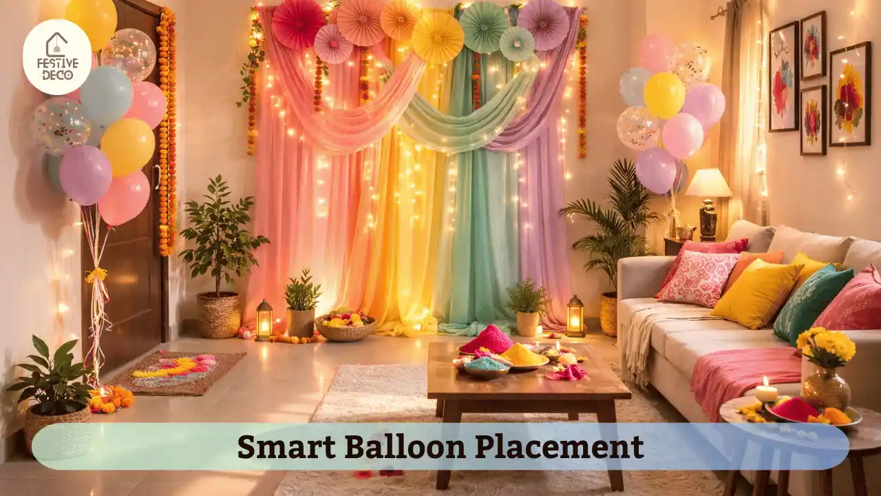 Small home Holi party setup showing balloon placement near seating and entrance area.