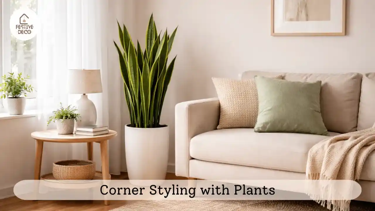 Snake plant placed in a corner for indoor plants for living room decor, adding height and structure to the space.