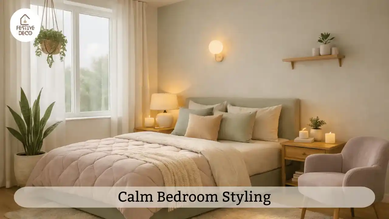 Soft aesthetic bedroom decor ideas featuring neutral bedding, indoor plants, and simple styling for a peaceful bedroom space.