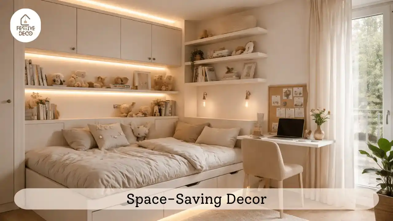 Space-saving decoration ideas for 1 BHK apartment using floating shelves and storage furniture for better organization.