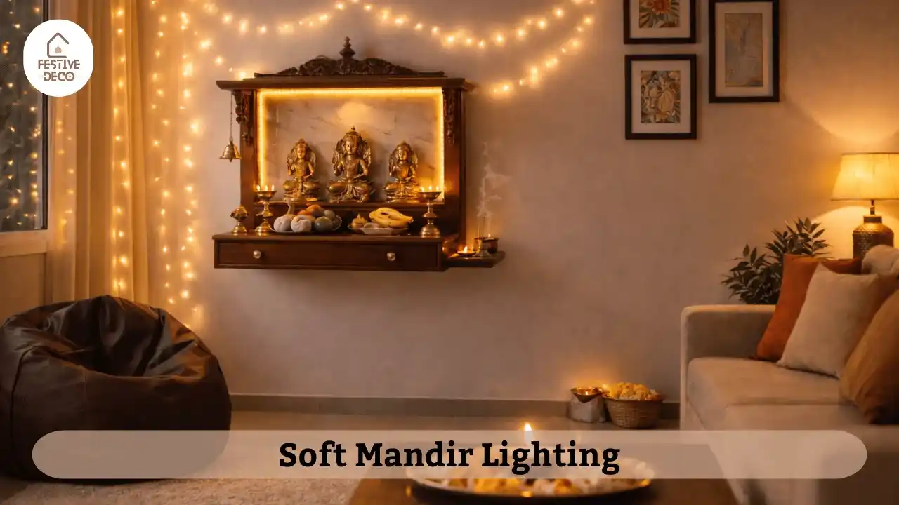 Warm lighting setup for pooja room decoration creating a calm and peaceful mandir space at home.