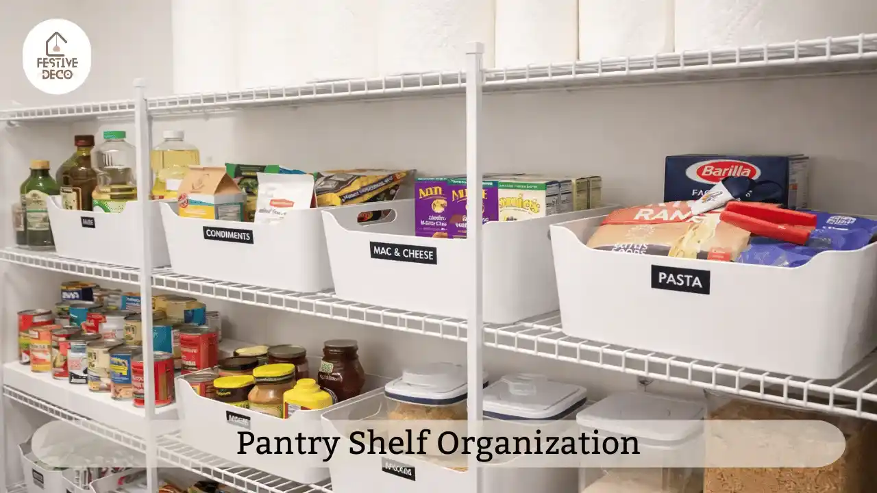 Well arranged pantry shelves with baskets and jars showing practical pantry shelf organization ideas.