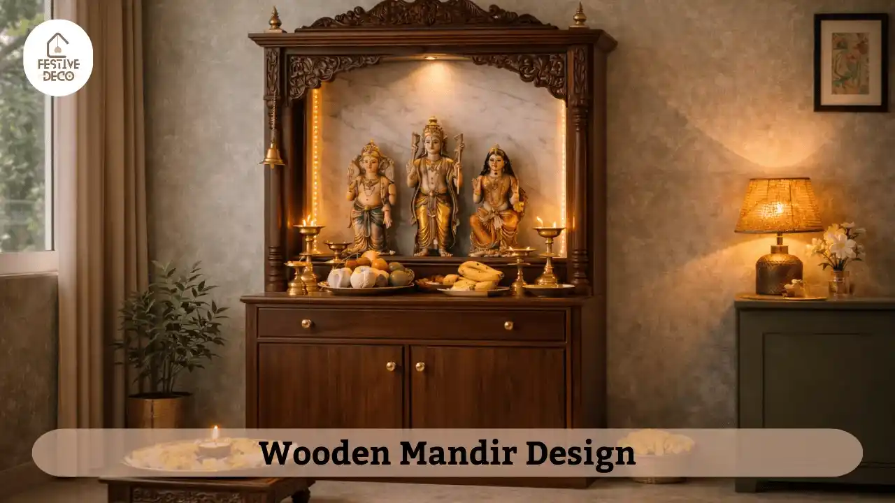 Wooden mandir decor ideas for simple pooja room decoration in Indian home interior.