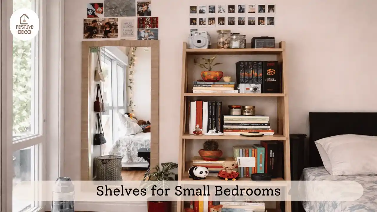 A compact bedroom using wall mounted shelves for storage as part of small bedroom storage ideas.