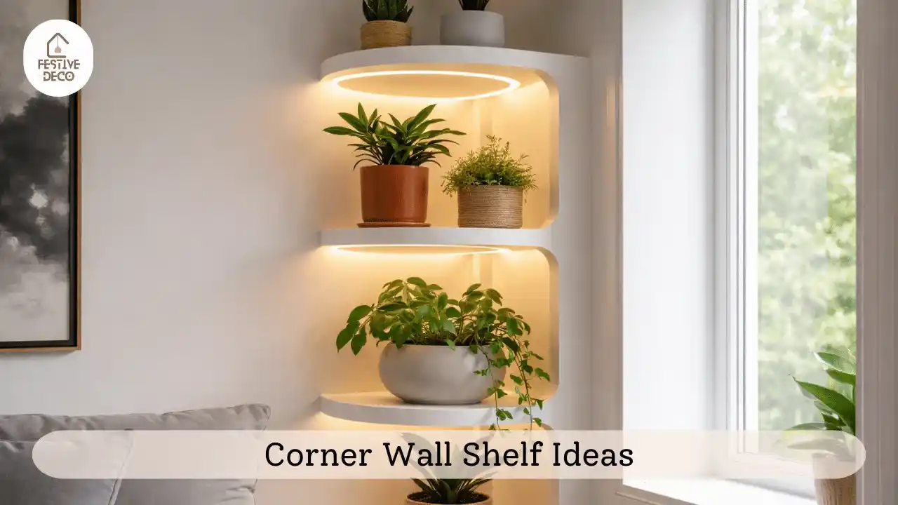 Corner shelves in a bedroom decorated with plants and books showing creative bedroom wall decor shelves.
