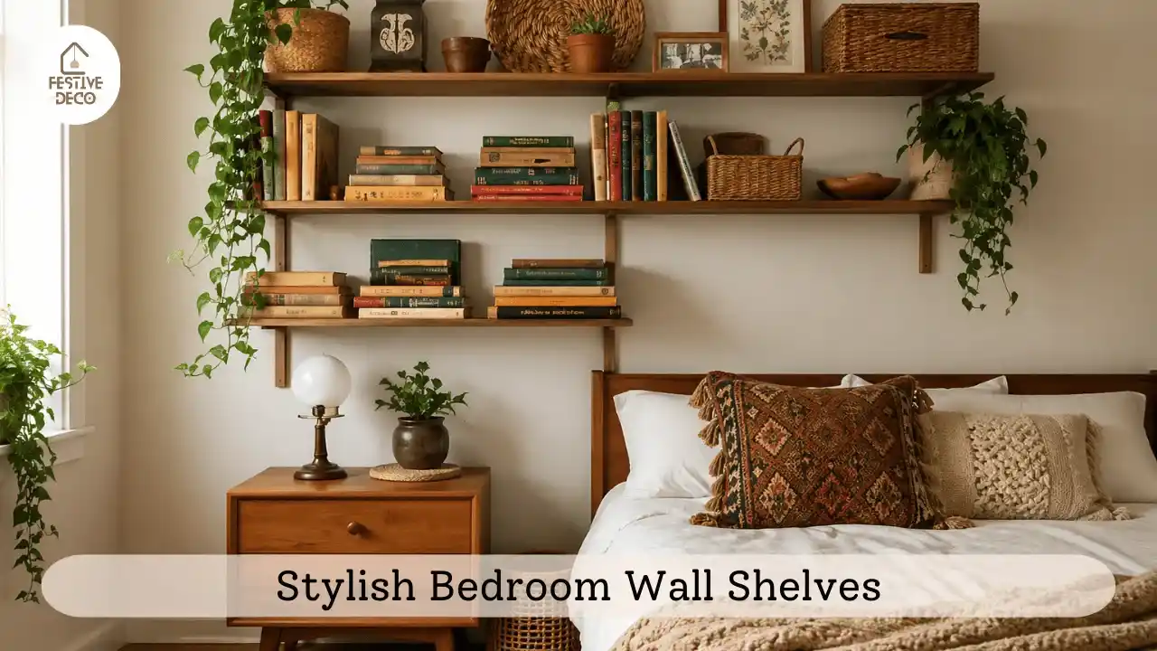 Decorative floating shelves on a bedroom wall showing stylish wall mounted shelves for bedroom organization and decor.